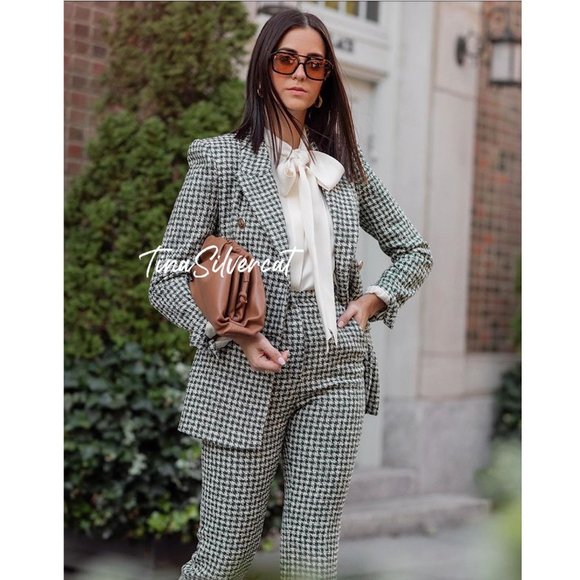 BLOGGER'S FAVE! Zara Tweed Flared Pants White/Green Sz M NWT - Picture 7 of 14